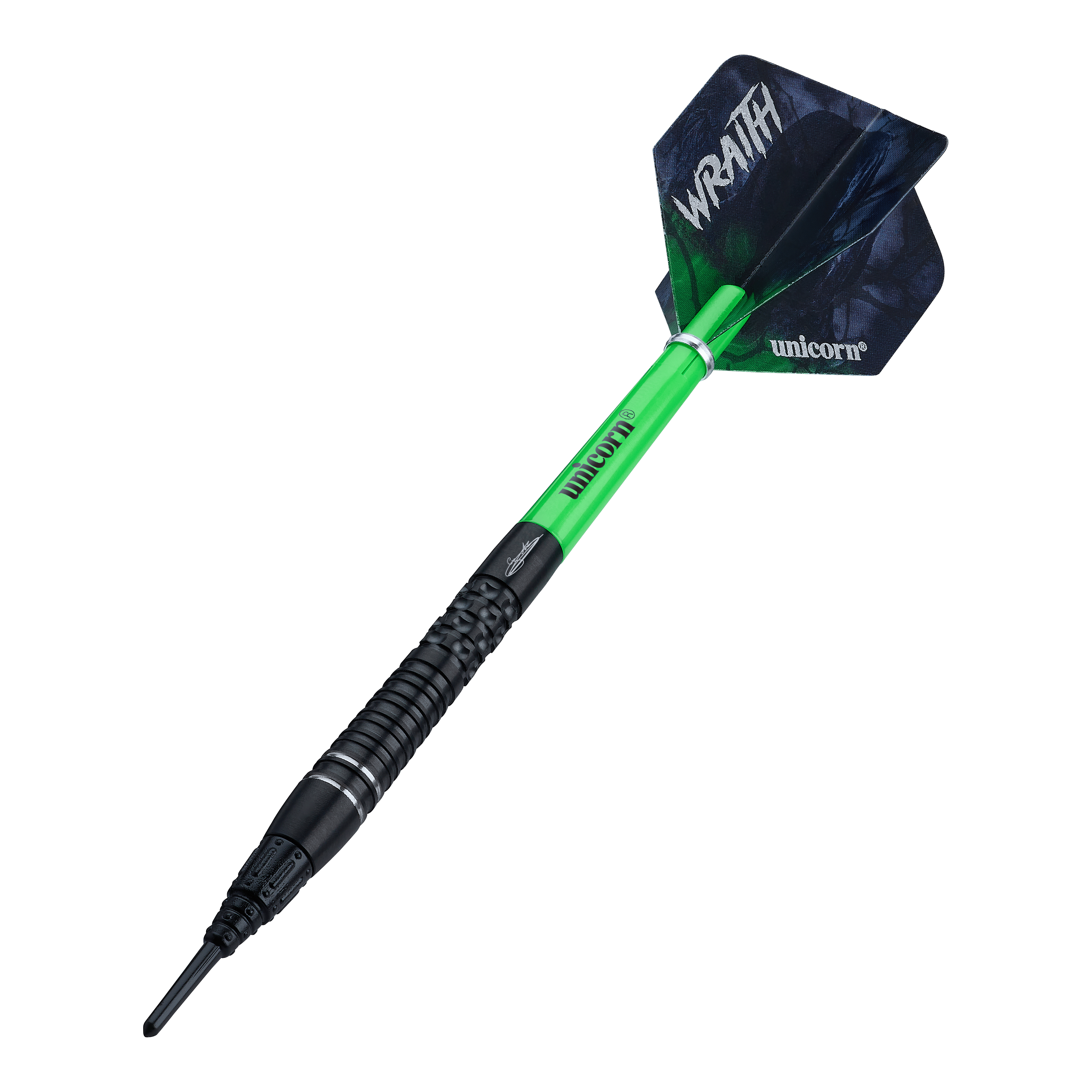 Hier werden die Unicorn Wraith Gary Anderson Phase 6 Softdarts - 20g präsentiert. Die Darts sind deutlich sichtbar.
