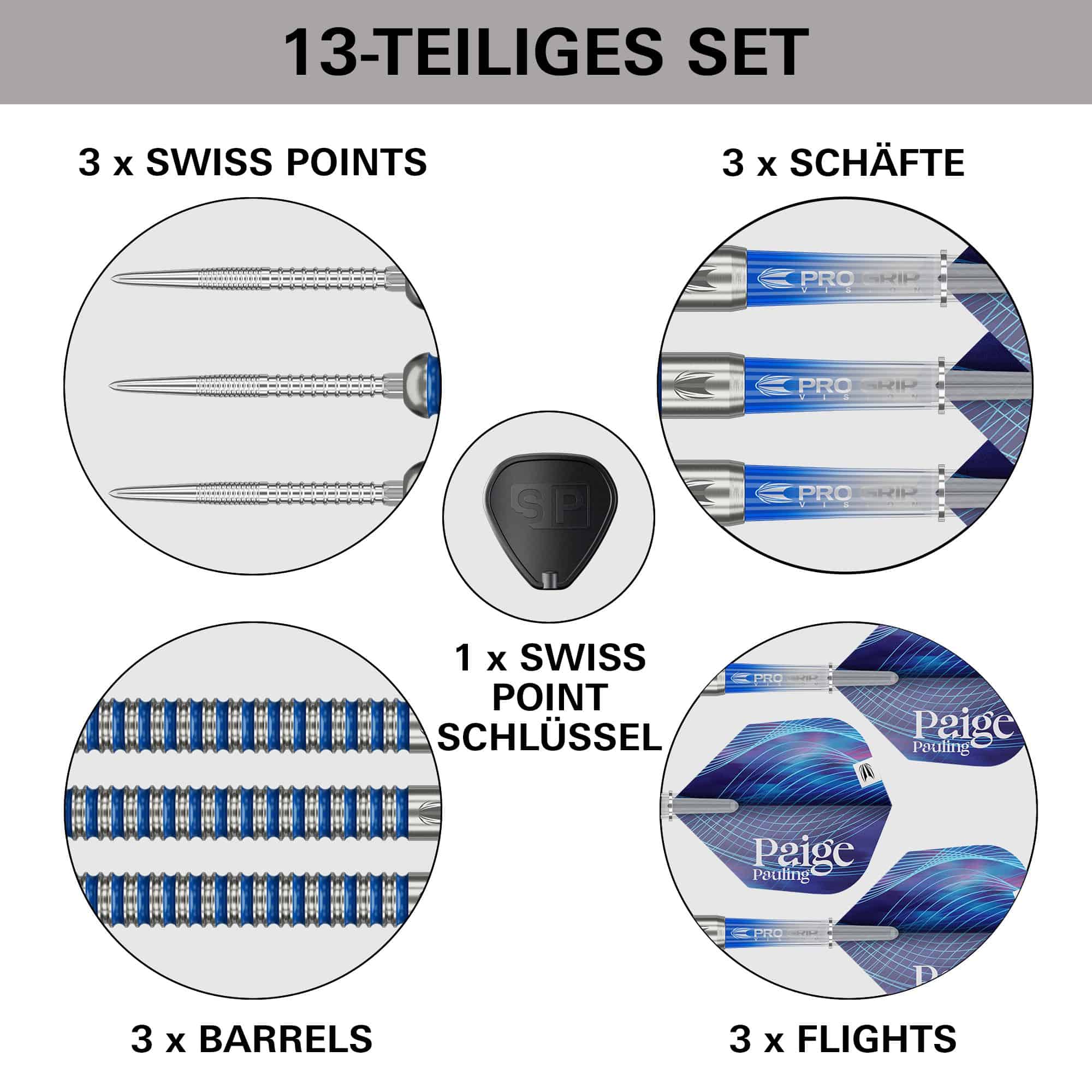 Target Paige Pauling GEN1 Swiss Points Steeldarts - 22g Target Paige Pauling GEN1 Swiss Points Steeldarts - 22g auf einem Bild dargestellt. Die Darts liegen nebeneinander zur Ansicht.