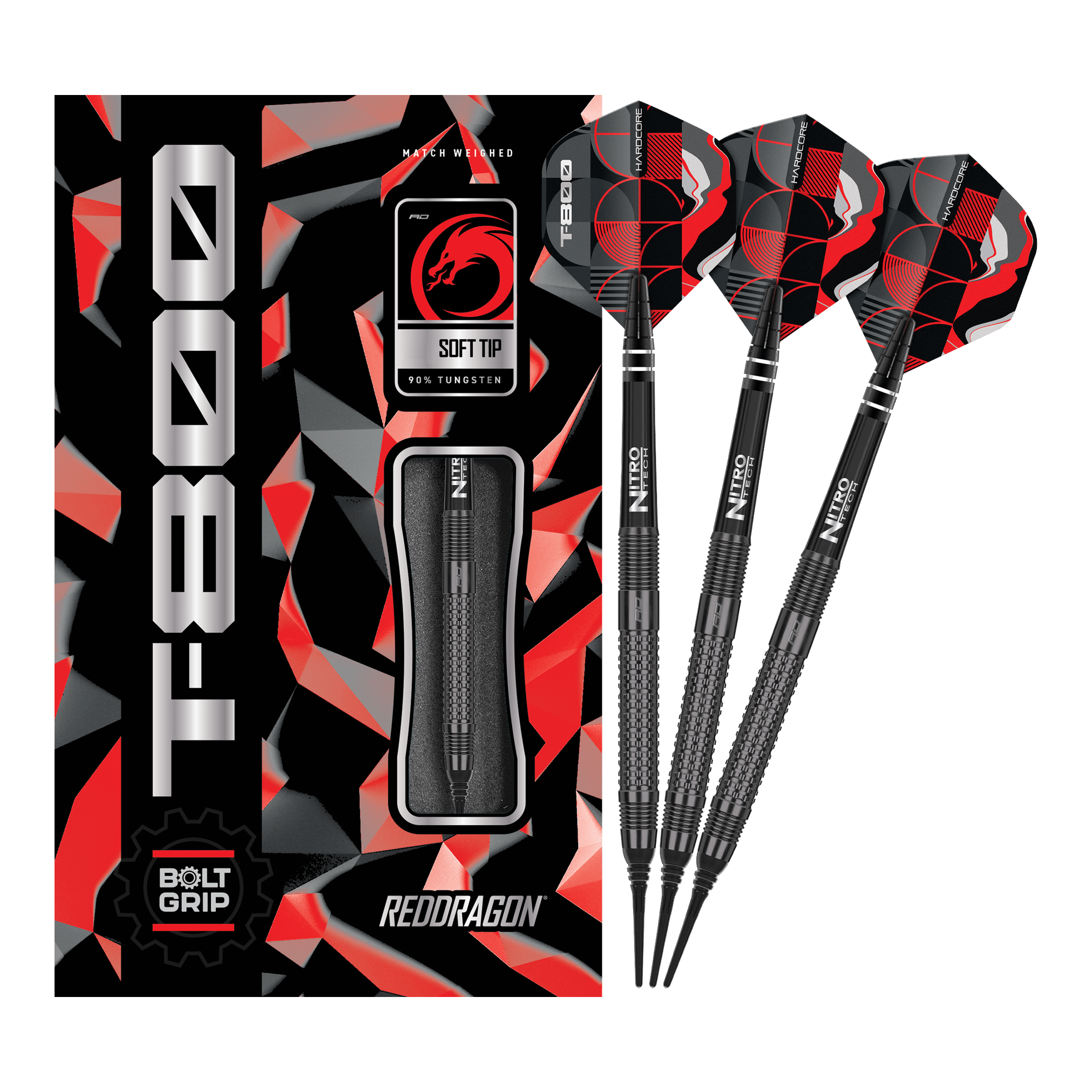 Red Dragon T-800 soft darts - 20g Das Bild zeigt die Red Dragon T-800 Softdarts mit 20g Gewicht in einer schwarzen und roten Verpackung. Drei schwarze Softdarts mit roten und schwarzen Flights sind neben der Verpackung abgebildet.