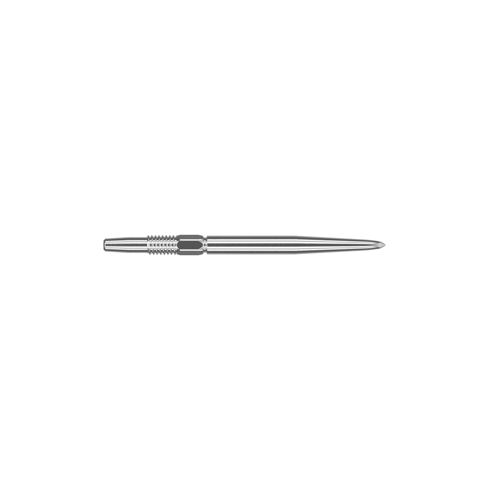 Target Swiss Point Silver dart tips Auf dem Bild ist eine silberne Dartspitze zu sehen. Sie ist schmal, metallisch und hat eine Länge von 26 mm.