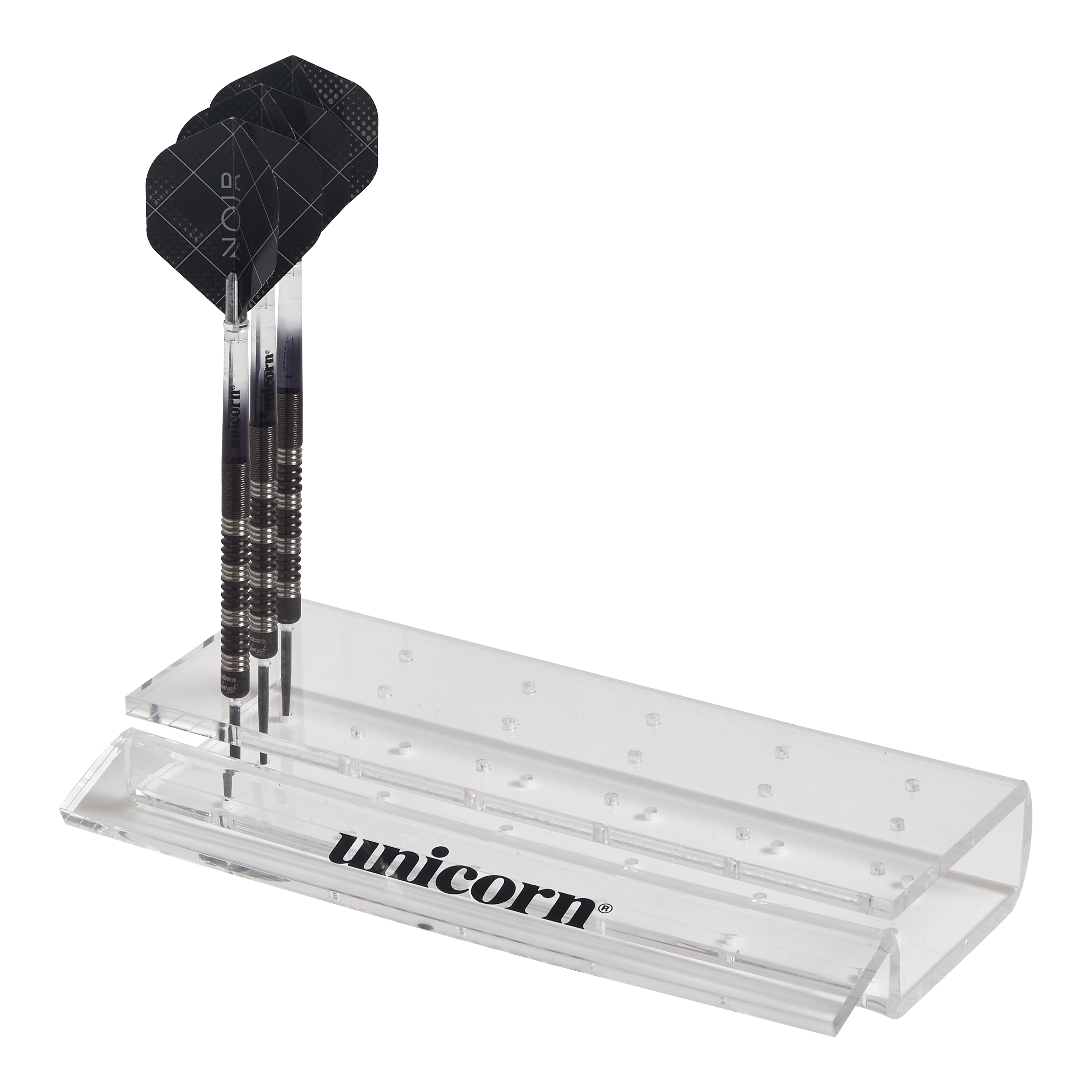 Das Bild zeigt einen durchsichtigen Acryl-Dartständer der Marke Unicorn. Im Ständer sind drei Dartpfeile ordentlich aufgestellt.