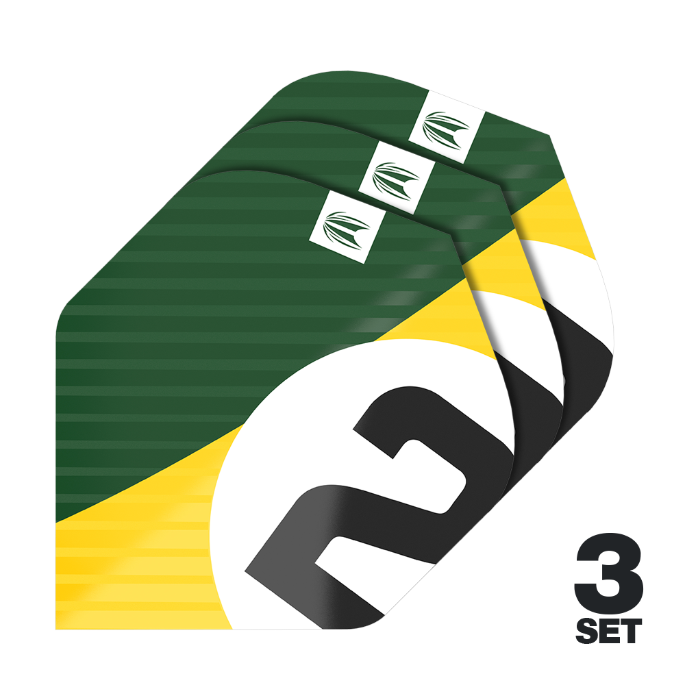 Target Pro Ultra Chicane Green No2 Standard Flights - 3 sets Das Bild zeigt drei Sets der Target Pro Ultra Chicane Green No2 Standard Flights. Die Flights sind grün mit gelben und weißen Akzenten sowie einer großen schwarzen „2“ bedruckt.
