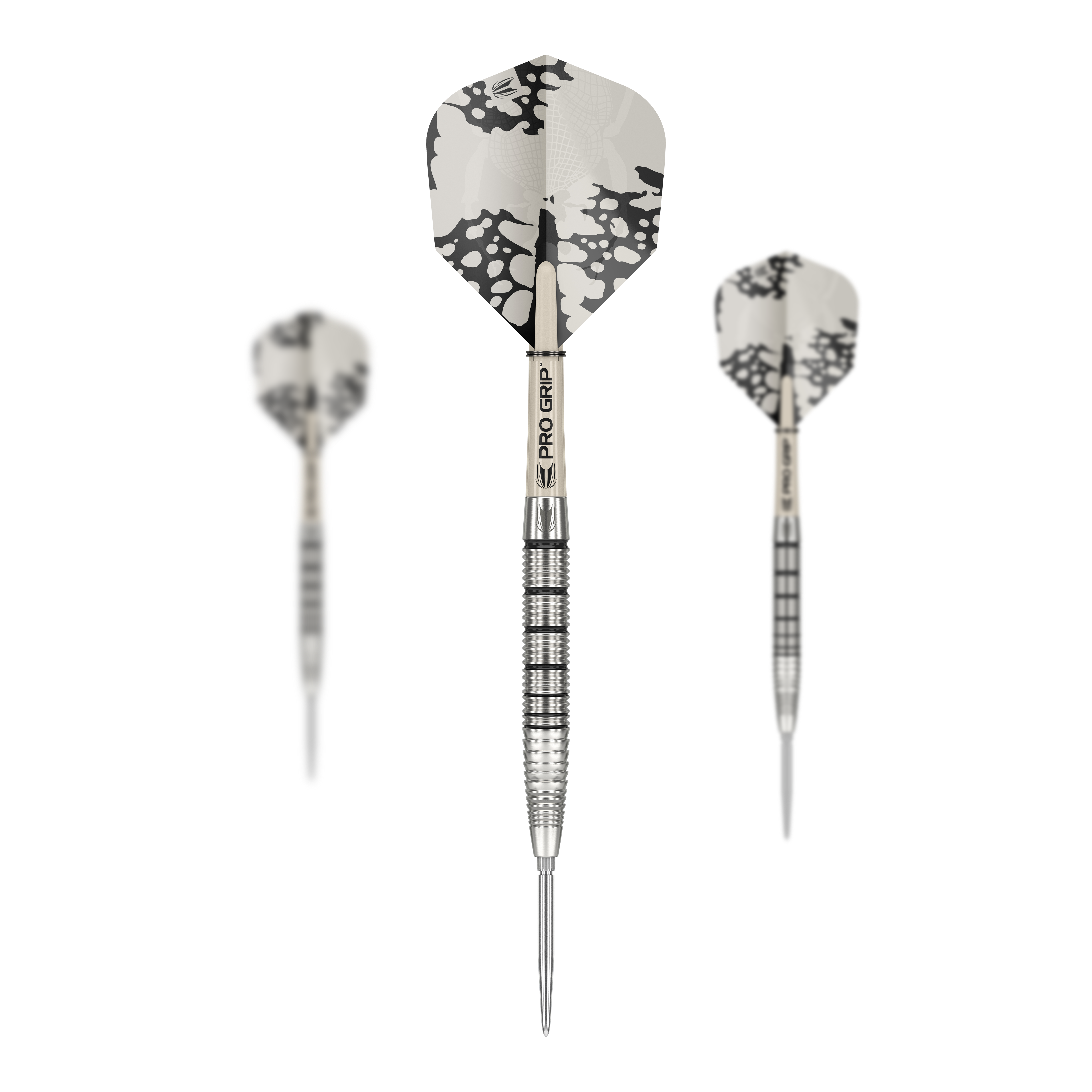 Target EXO SP02 Swiss Point steel darts Das Bild zeigt drei Target EXO SP02 Swiss Point Steeldarts mit modernen, silbernen Flights. Die Darts haben einen geriffelten Griff und sind mit dem Schriftzug "PRO GRIP" versehen.