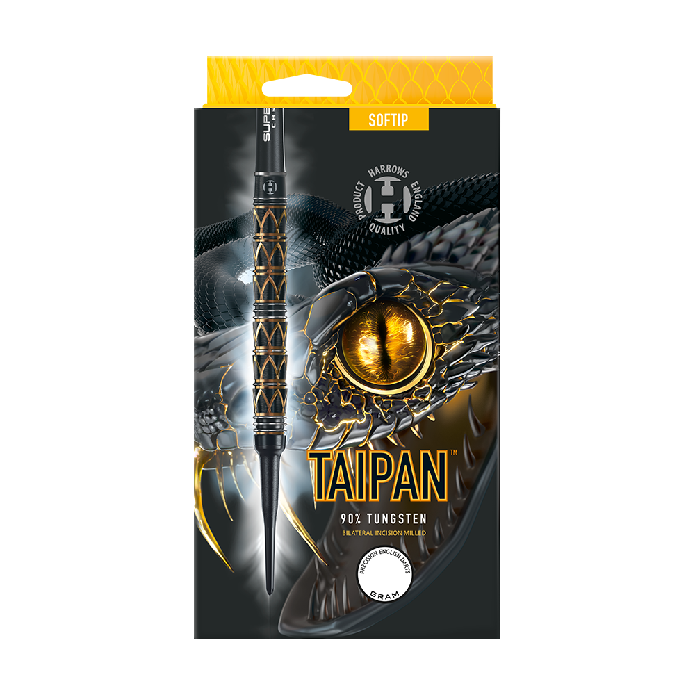 HA29129_Harrows_Taipan_Softdarts_3 Die Abbildung zeigt die Verpackung der Harrows Taipan Softdarts mit einem auffälligen Schlangendesign. Auf der Vorderseite sind ein Dartpfeil und das Taipan-Logo sowie Hinweise auf 90% Tungsten-Material zu sehen.