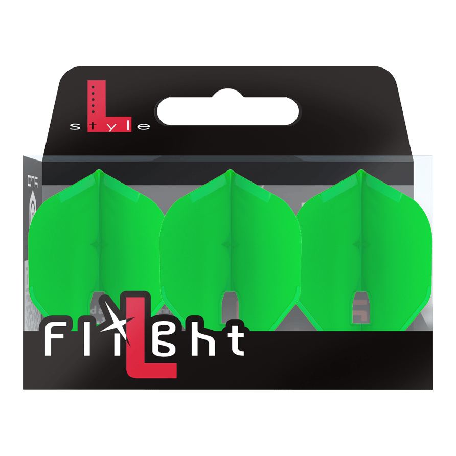 Die Abbildung zeigt eine Verpackung mit drei grünen Dartflights. Auf der Verpackung steht "L-Style Flight" in weißer und roter Schrift.