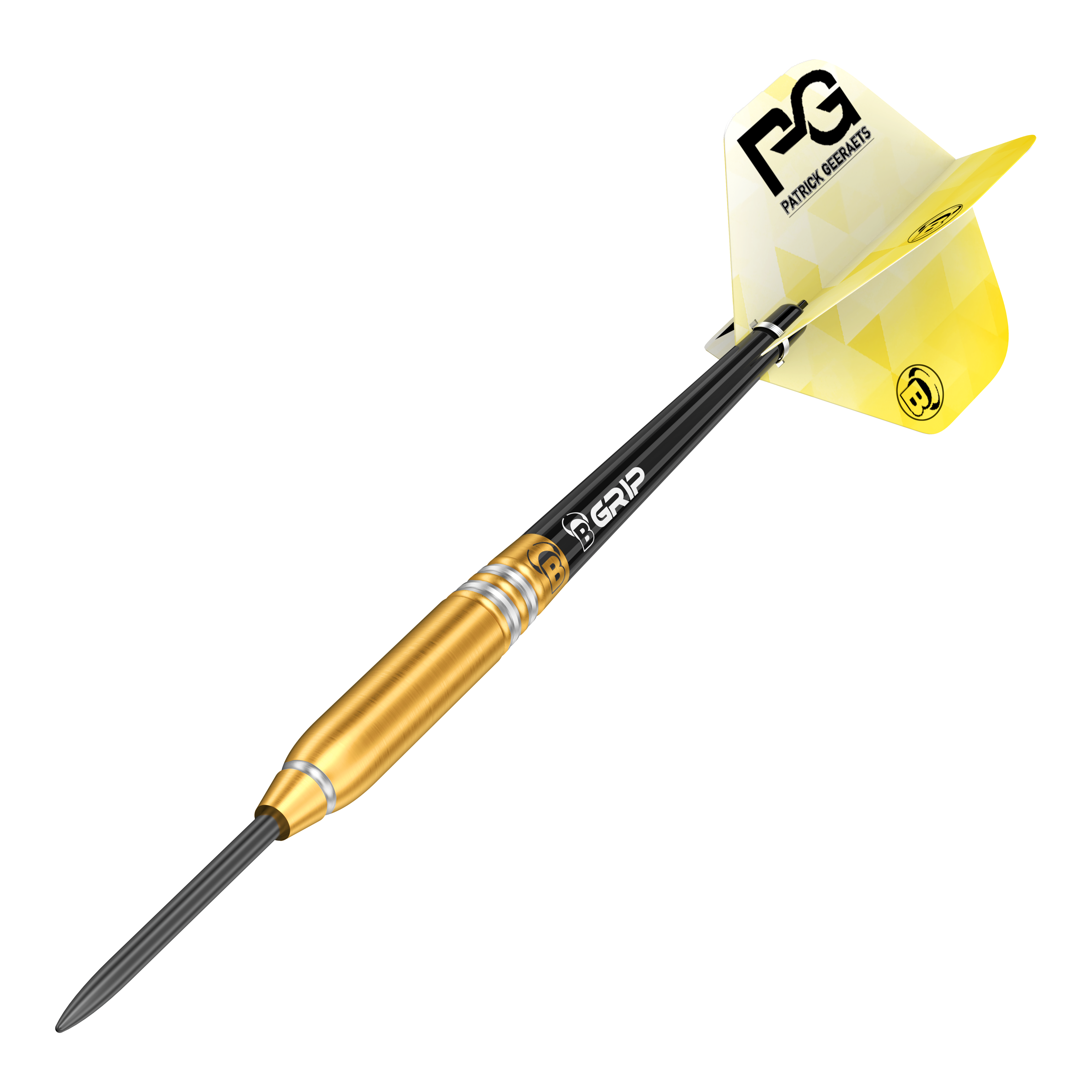 Das Bild zeigt einen Bulls Patrick Geeraets Steeldart mit einem Gewicht von 23 Gramm. Der Dartpfeil hat einen goldfarbenen Barrel und gelbe Flights.