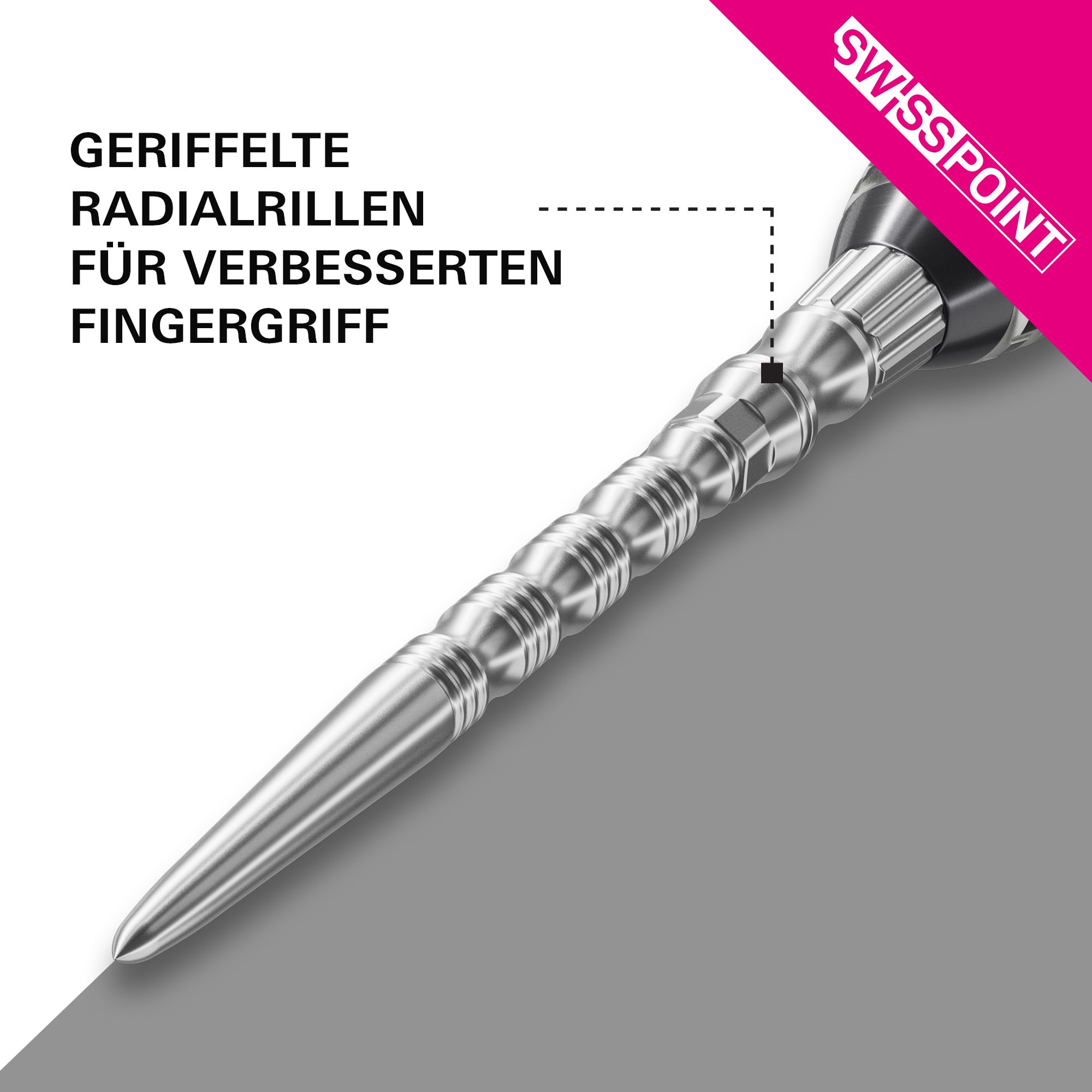 Abgebildet ist das Produkt Target Signature Swiss Point TRB Steeldartspitzen - Silber. Es handelt sich um silberne Dartspitzen für Steeldarts.