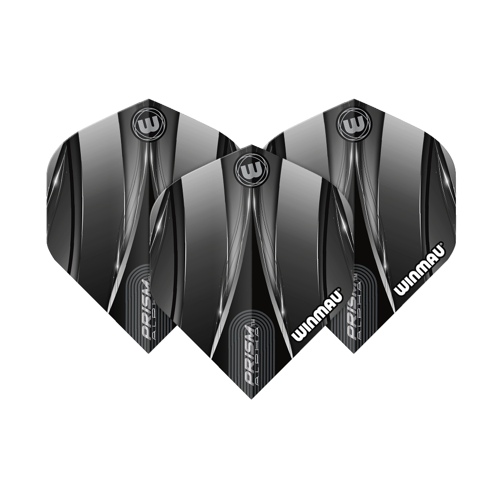 Winmau Alpha Sniper Black Standard Flights Das Bild zeigt drei schwarze Dart-Flights der Marke Winmau mit dem Namen "Alpha Sniper". Die Flights haben ein modernes, glänzendes Design mit silbernen und weißen Akzenten.