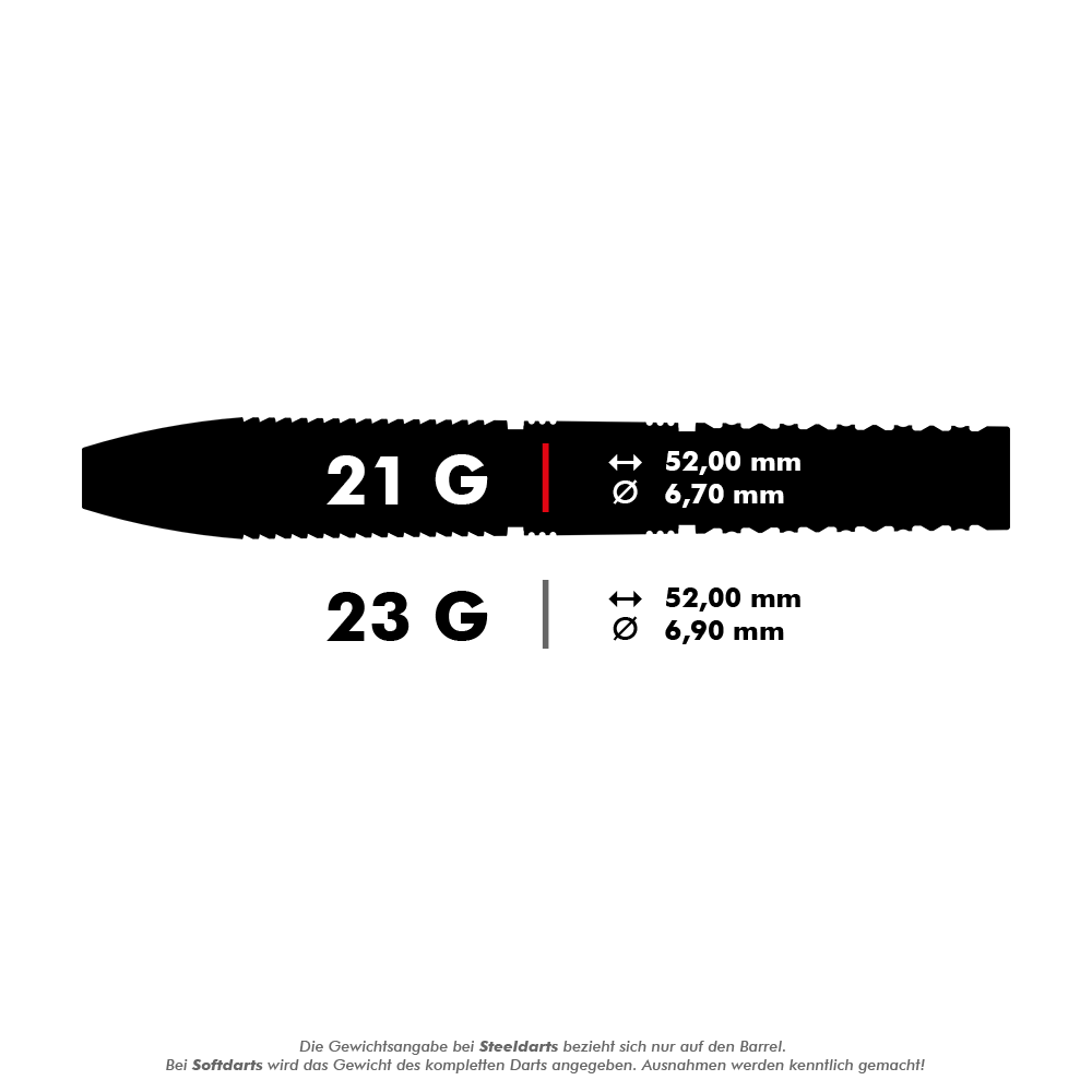 Das Bild zeigt die technischen Daten von zwei Steeldarts mit 21 g und 23 g Gewicht. Die Längen und Durchmesser der Darts sind jeweils 52,00 mm x 6,70 mm und 52,00 mm x 6,90 mm.