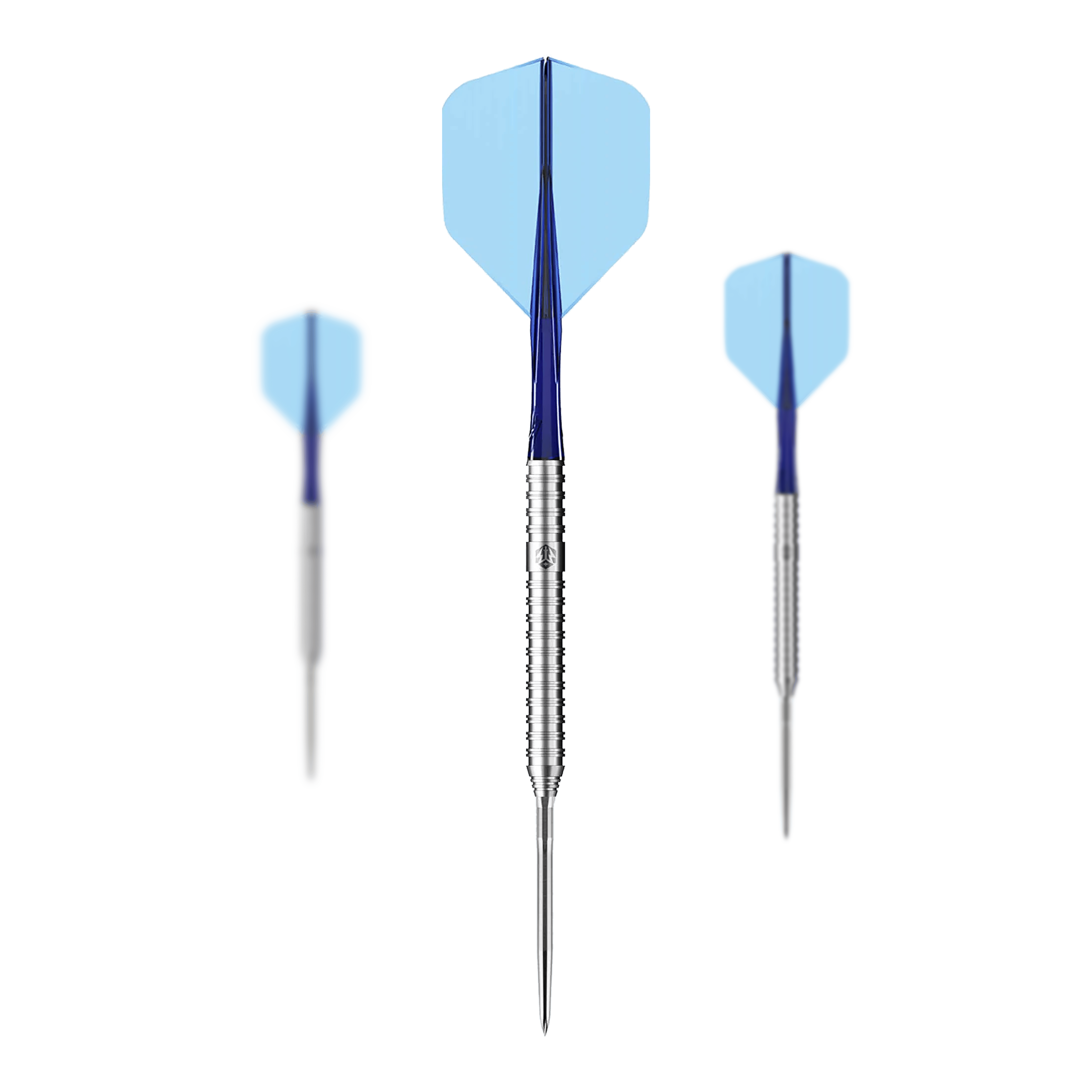 Caliburn Forge F3 steel darts - 22g Das Bild zeigt drei Caliburn Forge F3 Steeldarts mit einem Gewicht von 22g. Die Darts haben blaue Flights und silberne, gerillte Spitzen.