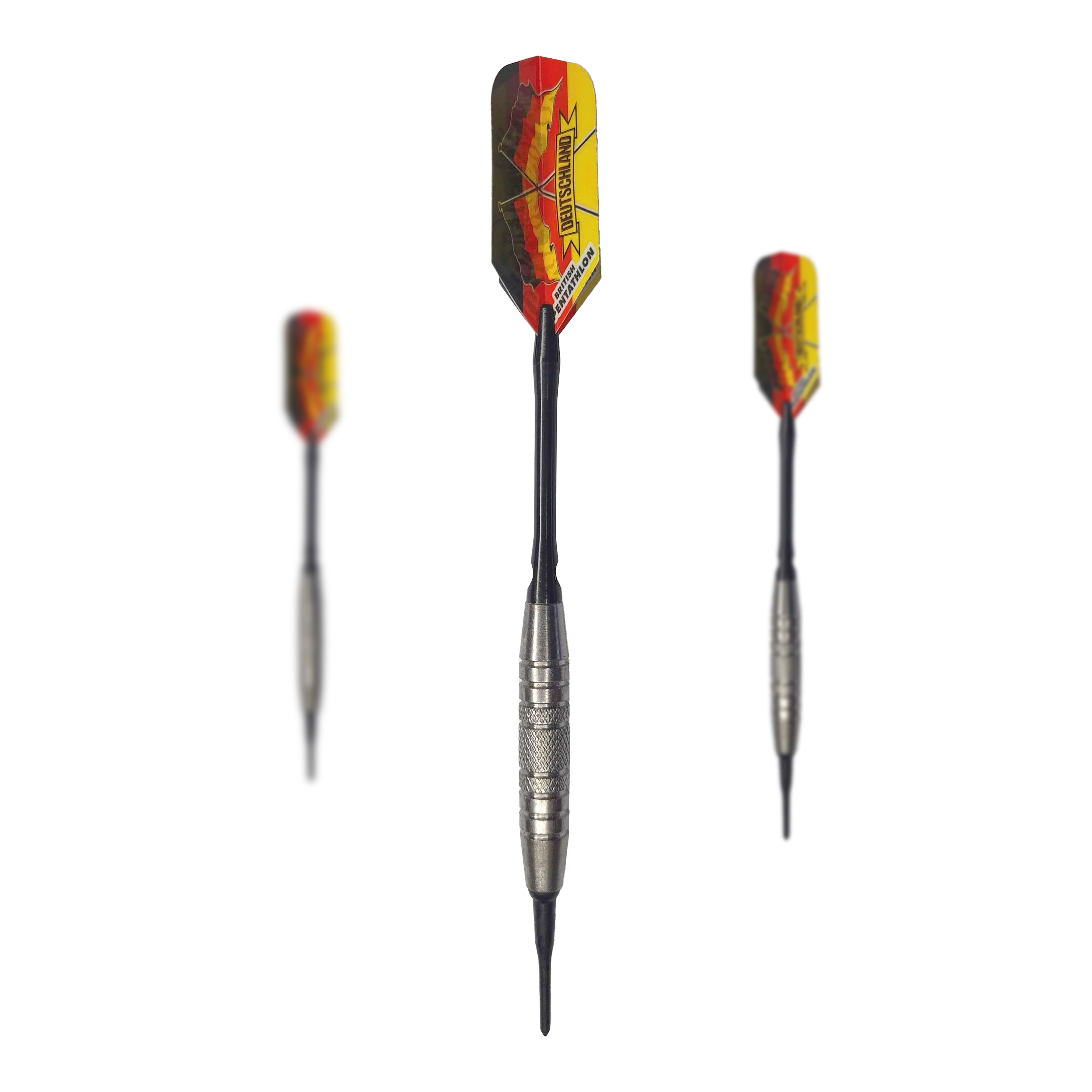 McDart 85 Tungsten V6 Soft Darts - 16g Das Bild zeigt drei Softdarts des Modells "McDart 85er Tungsten V6" mit einem Gewicht von 16g. Die Darts haben silberne Barrels und bunte Flights in Rot-Gelb-Schwarz.