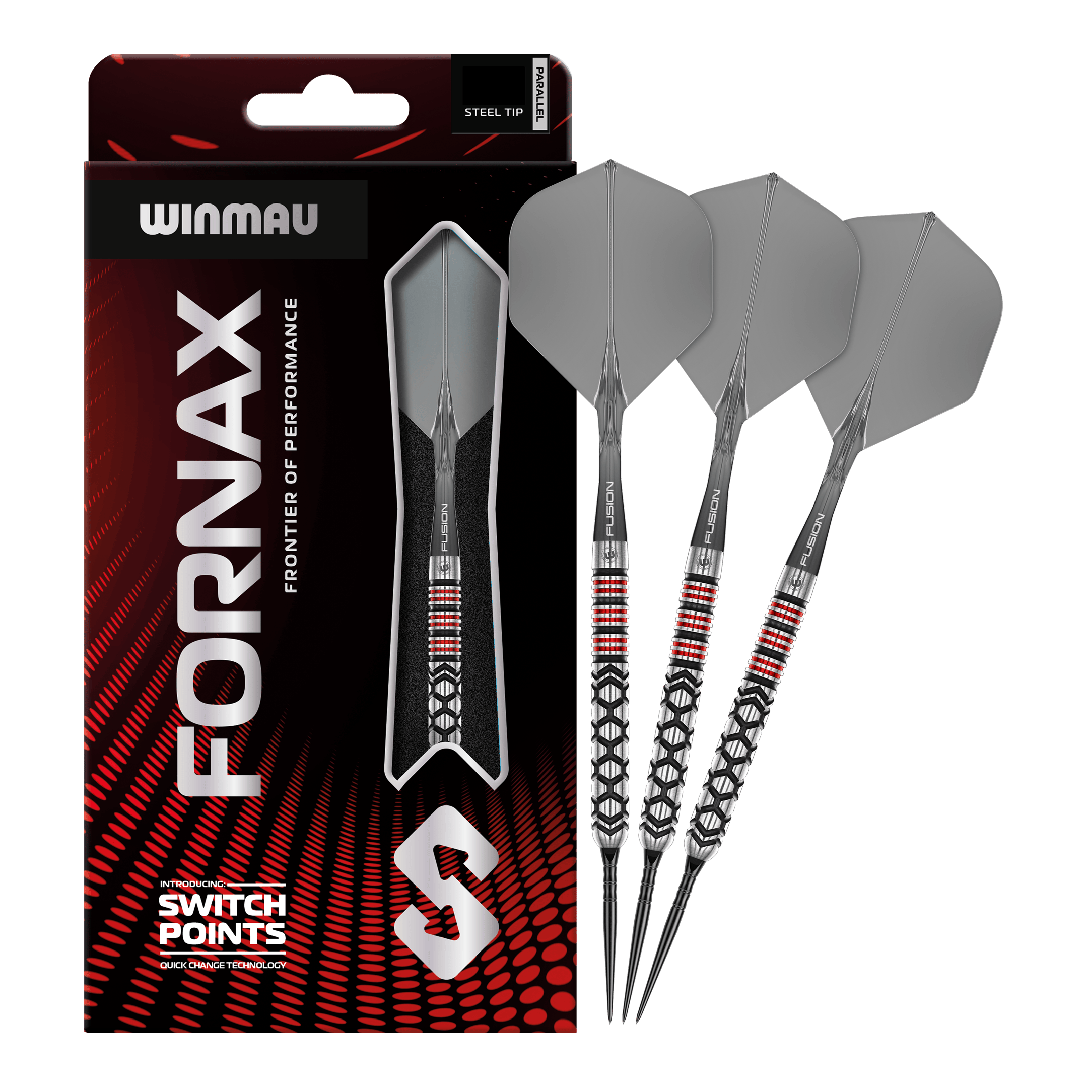 Zu sehen sind Winmau Fornax Parallel Switch Point Steeldarts in kompletter Ansicht. Diese Darts zeichnen sich durch ihre spezielle Bauweise aus.