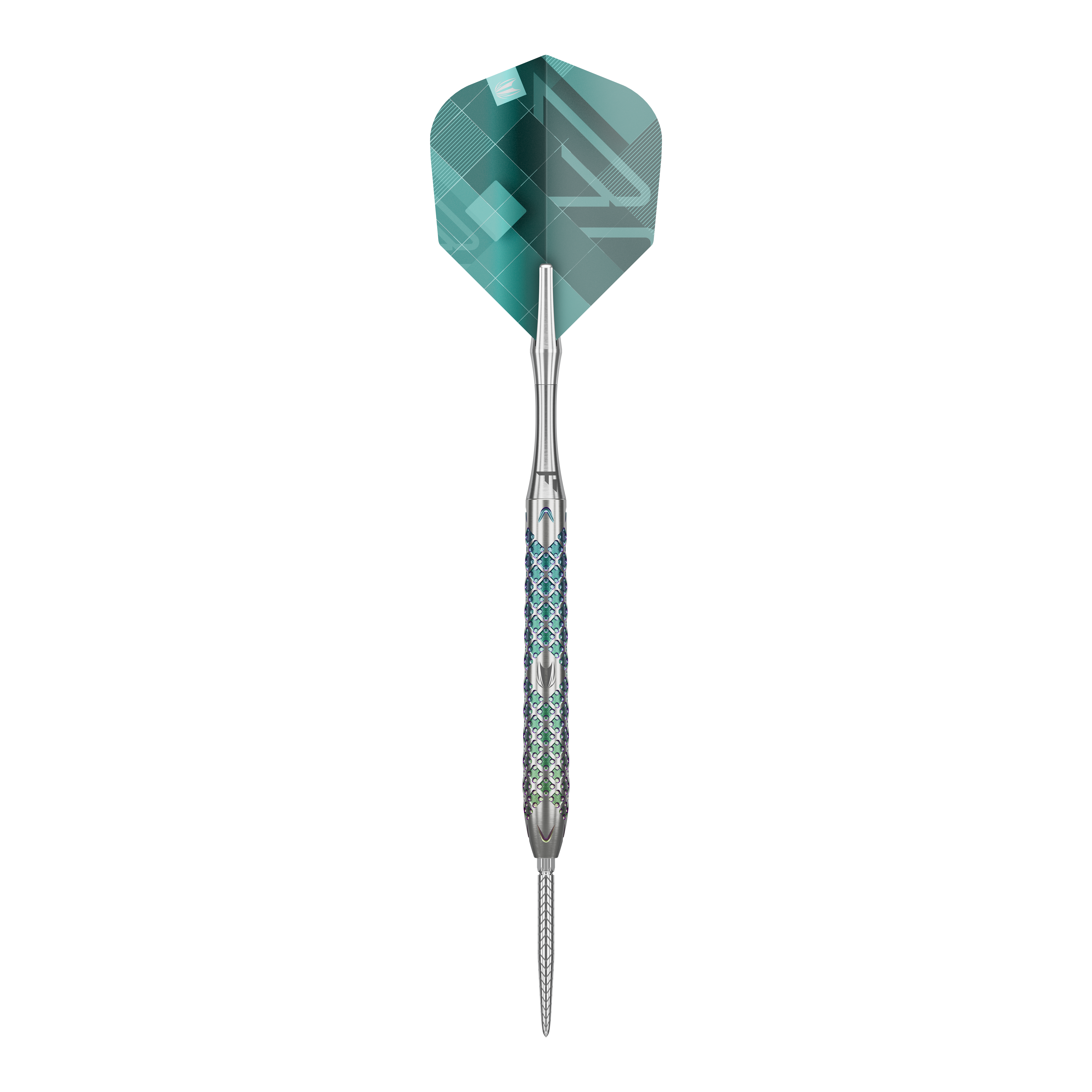 Target Rove 03 Swiss Point steel darts Das Bild zeigt einen Target Rove 03 Swiss Point Steeldart. Der Dart hat ein silbernes Metallgehäuse mit blauen Akzenten und eine grüne Flight.