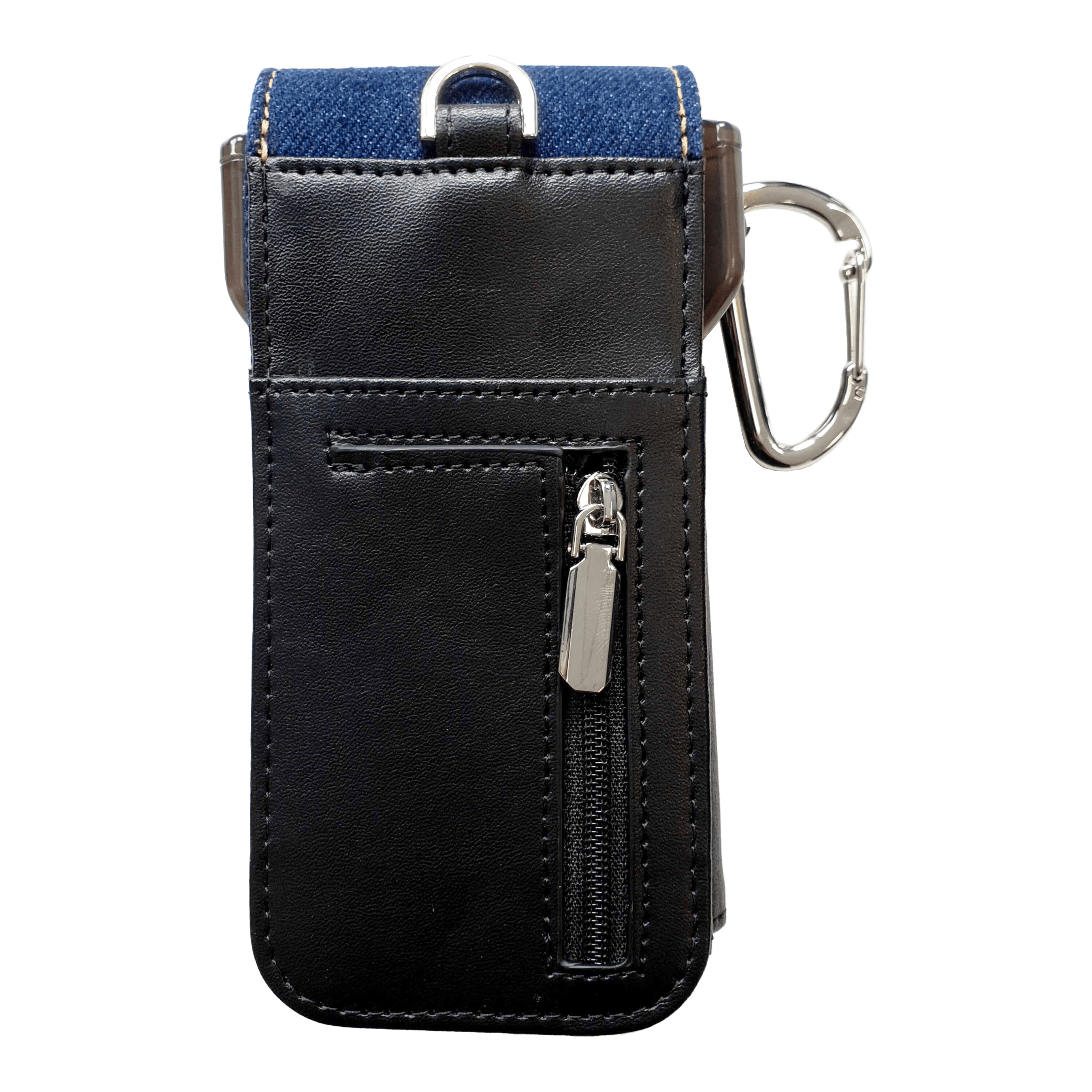 Cameo Acento Denim Dart Case Das Bild zeigt ein elegantes Dart-Etui aus schwarzem Leder mit einem Reißverschlussfach. Am oberen Rand befindet sich ein Karabinerhaken und ein Einsatz aus dunkelblauem Denim-Stoff.
