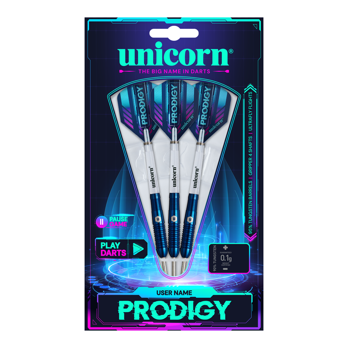 Das Bild zeigt eine Packung mit drei Unicorn Prodigy 02 Torpedo Steeldarts. Die Verpackung ist farbenfroh gestaltet und hebt das Produkt und den Markennamen hervor.