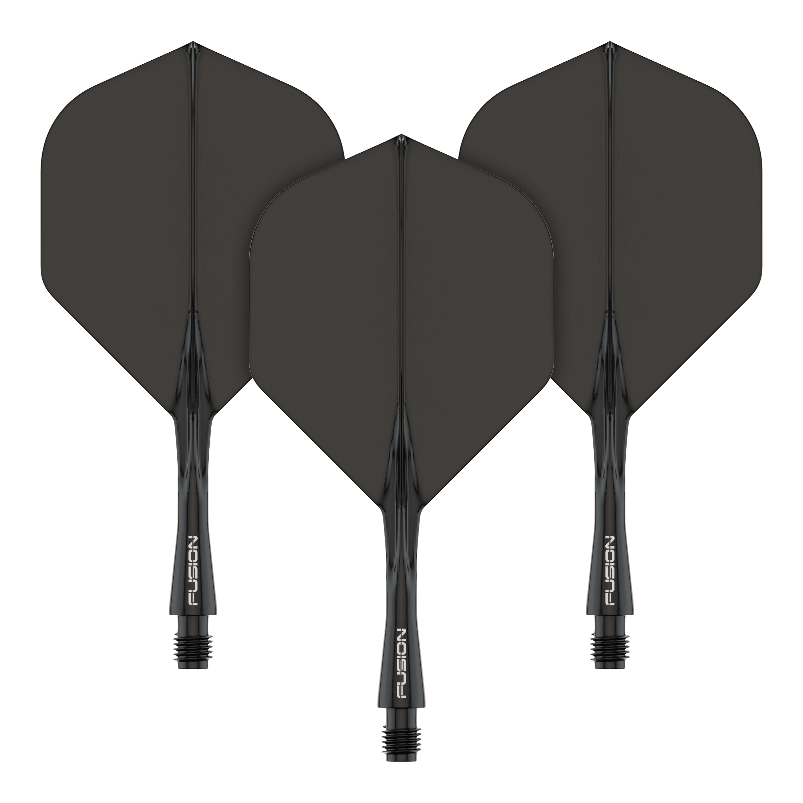 Winmau Fusion Flight Shaft System Standard Black Das Bild zeigt drei schwarze Dartflights mit integrierten Schäften. Auf den Schäften steht das Wort "FUSION" in weißer Schrift.