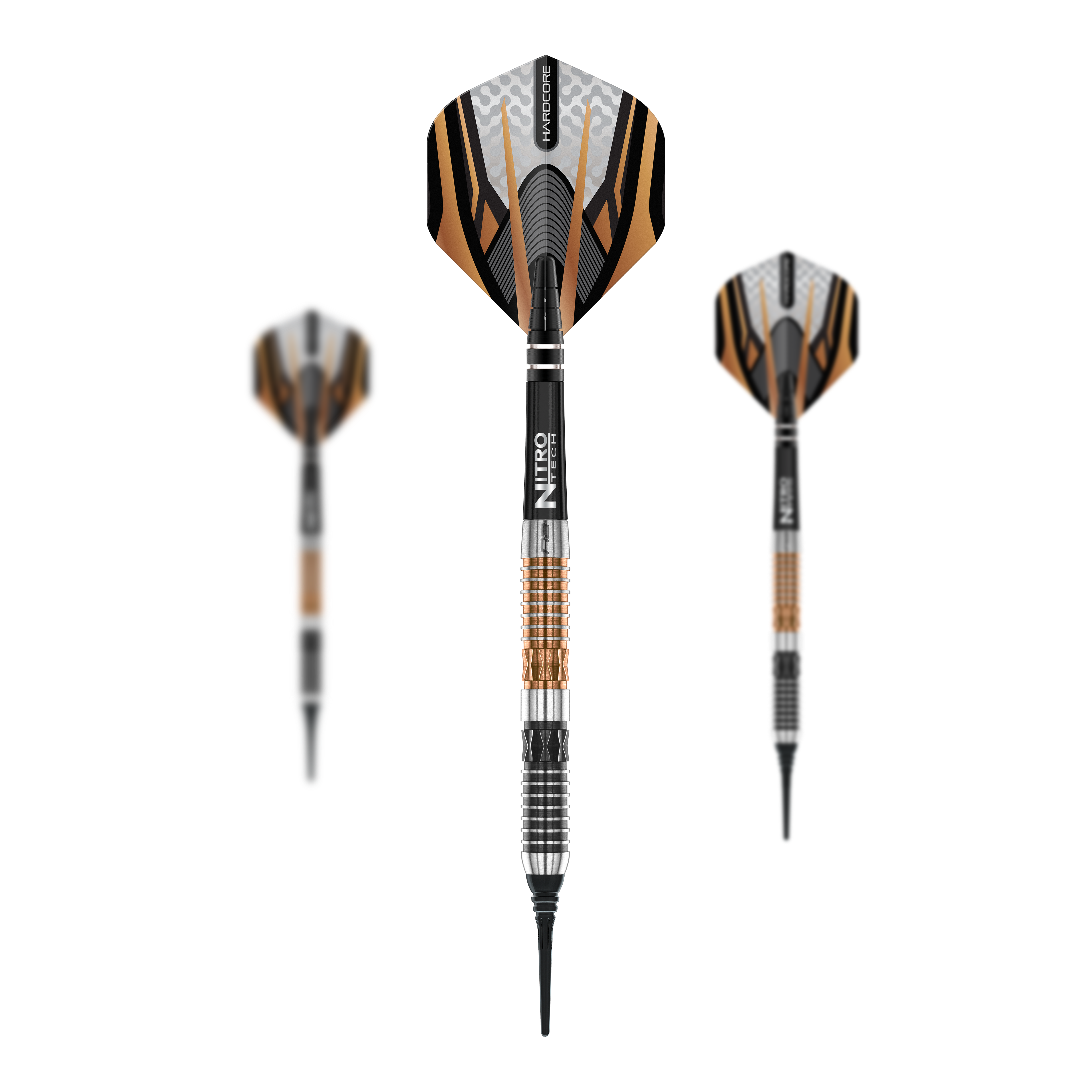 Red Dragon Panterra soft darts - 20g Das Bild zeigt drei Softdarts des Modells 'Red Dragon Panterra Softdarts - 20g'. Die Darts haben auffällige schwarze, goldene und silberne Elemente am Schaft und an den Flights.