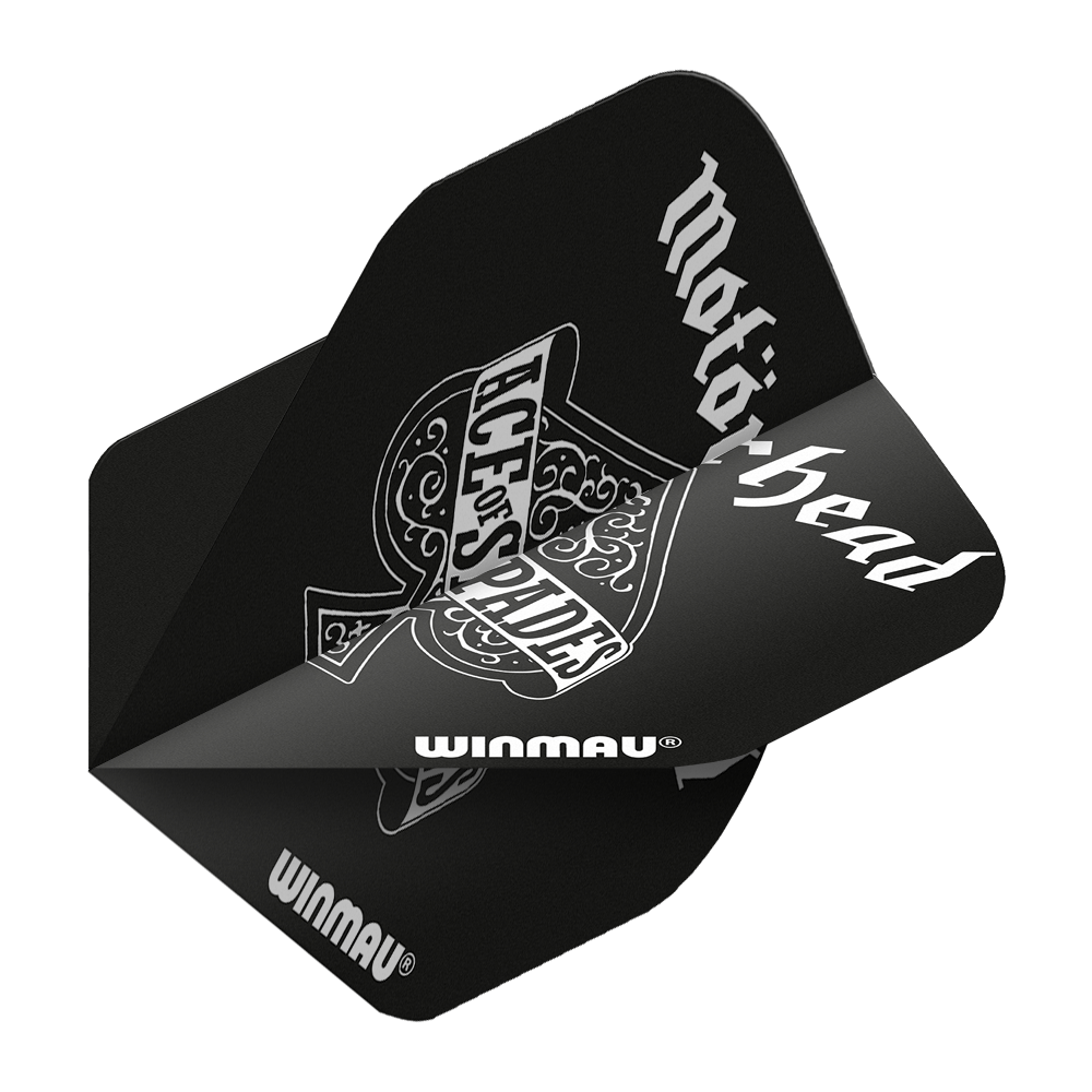 6905-210_Winmau_Rockstar_Legends_Mot-rhead_AoS_Standard_Flights_2 Das Bild zeigt ein schwarzes Dartflight mit der Aufschrift "Motörhead" und "Ace of Spades". Das Produkt ist von der Marke Winmau und trägt das Rockstar Legends Design.