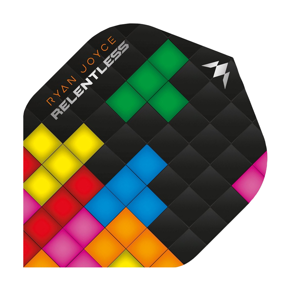 M001090_Ryan_Joyce_No2_Standard_Flights_19Uiwgycon0II7 Das Bild zeigt das Produkt "Mission Ryan Joyce No2 Standard Flights" mit buntem, quadratischem Mosaik-Design auf schwarzem Hintergrund. Oben links steht der Name "Ryan Joyce RELENTLESS" in orange und weißer Schrift.