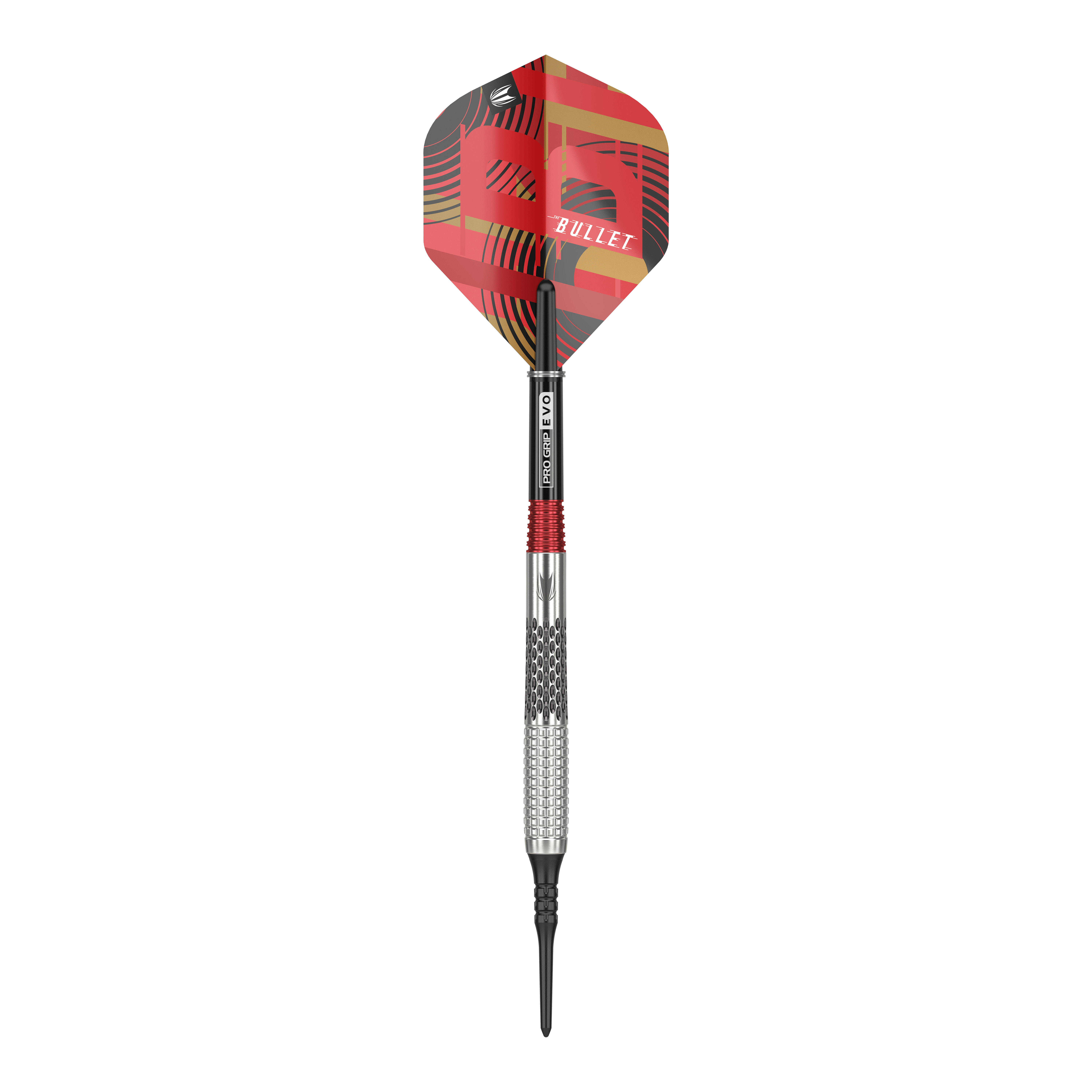 Target Stephen Bunting GEN5 Soft Darts - 18g Auf dem Bild ist ein Softdart der Marke Target Stephen Bunting GEN5 mit einem Gewicht von 18 Gramm zu sehen. Der Dart hat ein auffälliges, rot-schwarzes Design mit der Aufschrift "BULLET" auf dem Flight.