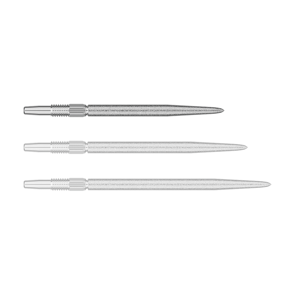 Target Swiss Point SLK dart tips - silver Das Bild zeigt drei silberne Dartspitzen in unterschiedlicher Ansicht. Sie sind schlank, lang und haben gerillte Abschnitte am oberen Ende.
