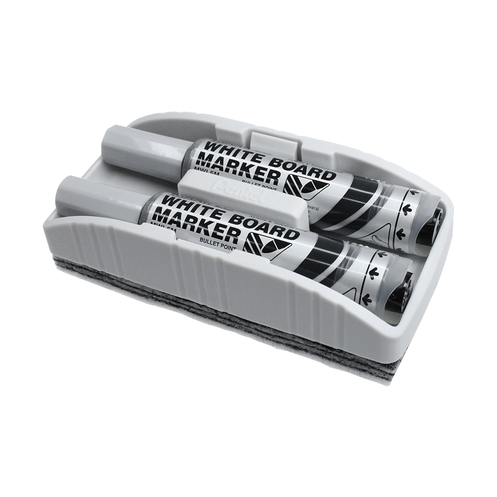 671-Maxiflow-Trocken-Wischschwamm-inkl-zwei-Markern-1 Das Bild zeigt einen Maxiflo Trocken Wischschwamm mit zwei Whiteboard-Markern. Die Marker sind in den Schwamm eingesetzt und können leicht entnommen werden.