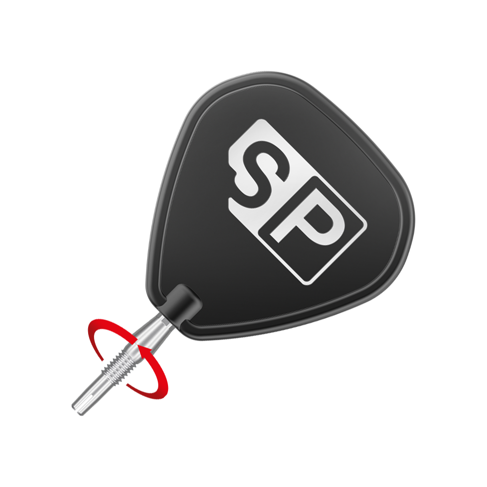 Das Bild zeigt eine Dartspitze mit schwarzem SP-Werkzeug zum Einschrauben. Um die Spitze ist ein roter Pfeil zu sehen, der die Drehbewegung anzeigt.