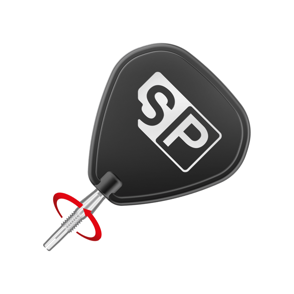 Target Swiss Storm Diamond Point Dart Tips - Silver Das Bild zeigt eine Dartspitze mit schwarzem SP-Werkzeug zum Einschrauben. Um die Spitze ist ein roter Pfeil zu sehen, der die Drehbewegung anzeigt.