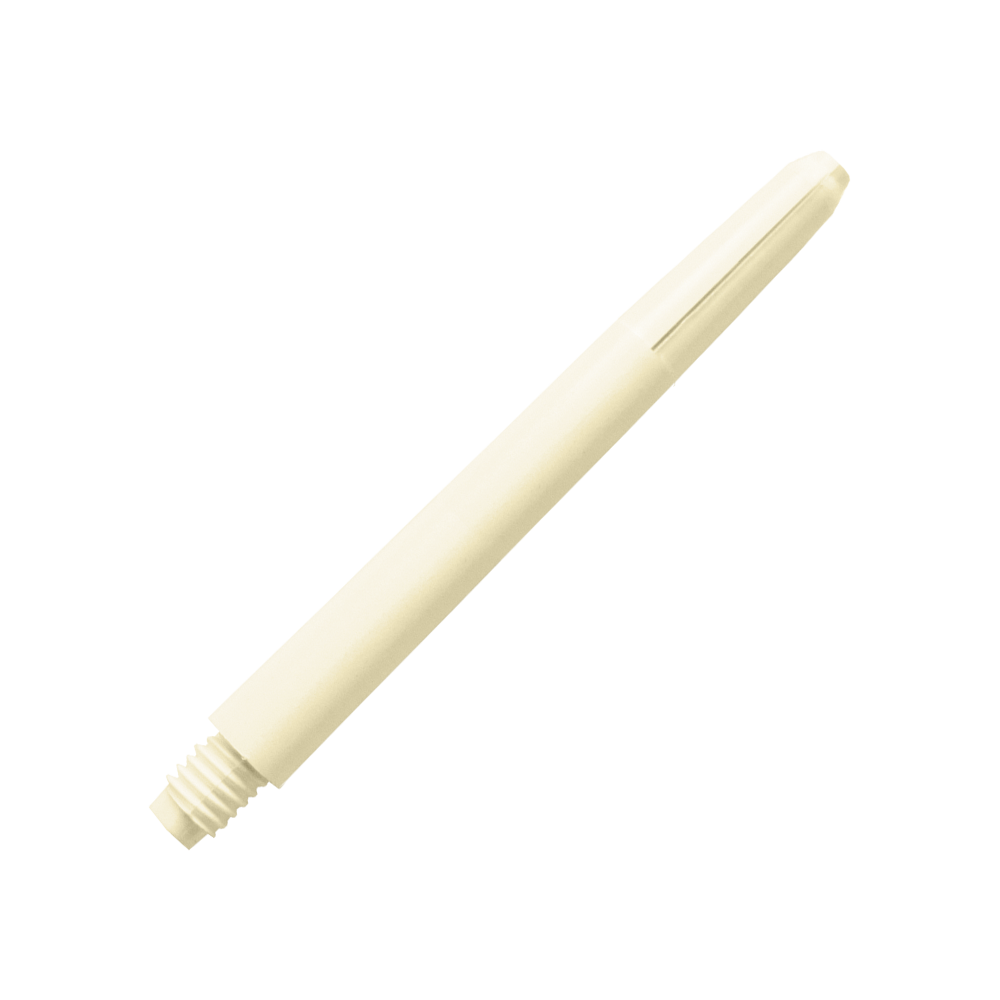 578_Nylon_Shafts_Naturweiss_48mm_2 Das Bild zeigt einen Nylon-Schaft in naturweißer Farbe. Der Schaft hat ein einfaches, schlankes Design mit einem Gewinde am unteren Ende.