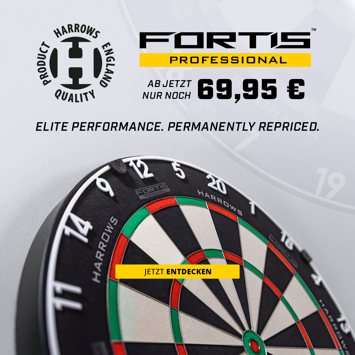 Bild mit dem Dateinamen 2026-06_Harrows_Fortis_NewPrice_Hero. Es zeigt ein Produkt, das von McDart angeboten wird.