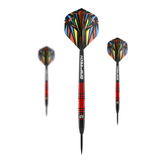 GOAT Athlete Red Brass Steeldarts - 11g Das Bild zeigt den GOAT Athlete Red Brass Steeldart mit einem Gewicht von 11g. Der Dart hat eine auffällige, bunte Flugfeder und einen roten Messingkörper.