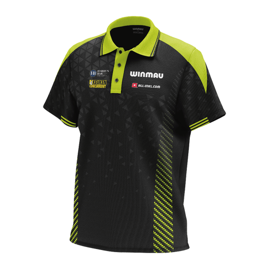 Das Bild zeigt das Winmau Michael Van Gerwen Stage Poloshirt. Es handelt sich um ein offizielles Poloshirt für Fans von Michael Van Gerwen.