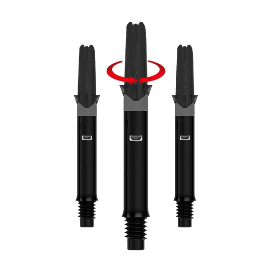 L-L-Style-Shafts Silent Straight - Black Das Bild zeigt drei schwarze Dartshafts ohne Kappen. Über dem mittleren Shaft befindet sich ein roter Pfeil, der eine Drehbewegung anzeigt.