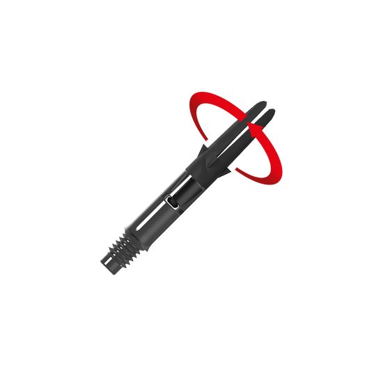 L-L-Style-Shaft Carbon Silent Straight - Black Das Bild zeigt einen schwarzen Dart-Schaft aus Carbon. Ein roter Pfeil deutet eine Drehbewegung auf den oberen Teil des Schafts an.