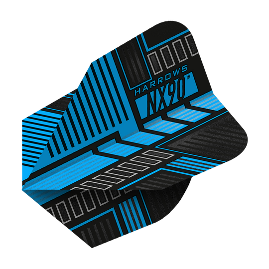 Das Bild zeigt die Harrows Prime NX90 Blue Flights. Die Dart-Flights sind in Blau und Schwarz mit geometrischen Mustern gestaltet.