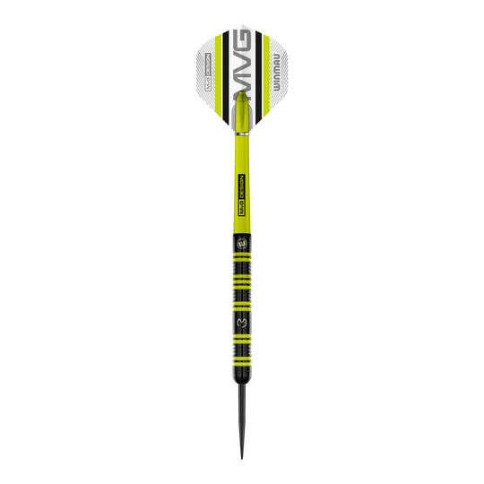Winmau Michael Van Gerwen 85 Pro-Series steel darts Auf dem Bild ist ein Winmau Michael Van Gerwen 85 Pro-Series Steeldart zu sehen. Der Dart hat ein modernes Design mit grünen und schwarzen Akzenten sowie der Aufschrift „MVG DESIGN“ auf dem Schaft.