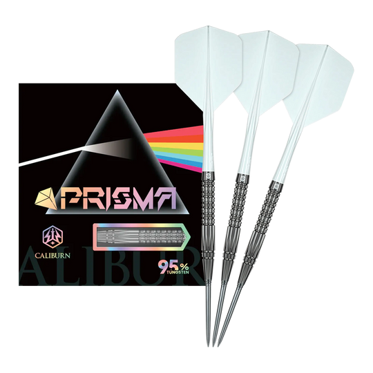 Auf dem Bild sieht man die Caliburn Prisma P2 Steeldarts, 20,5g. Diese Steeldarts bieten ein modernes Design für Turnierspieler.