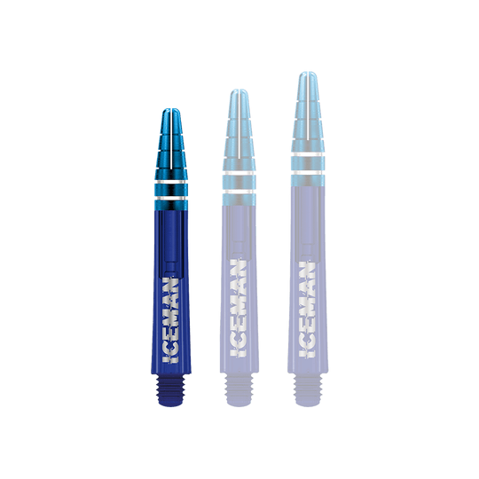 C810_Red_Dragon_Nitrotech_Gerwyn_Price_Blue_Shafts_36mm_1bW1ak37GQVIvd Das Bild zeigt drei blaue Dartschäfte mit silbernen Ringen. Auf den Schäften steht das Wort "ICEMAN" in weißen Buchstaben.