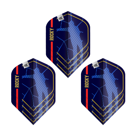 Das Bild zeigt drei Sätze der Target Pro Ultra Josh Rock GEN1 No2 Standard Flights. Die Flights sind dunkelblau mit goldenen, roten und blauen Akzenten sowie dem Schriftzug "ROCKY".