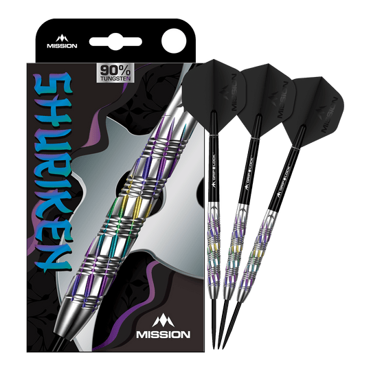 Mission Shuriken Steeldarts sind professionelle Steeldarts. Das Bild zeigt das vollständige Set der Mission Shuriken Steeldarts.