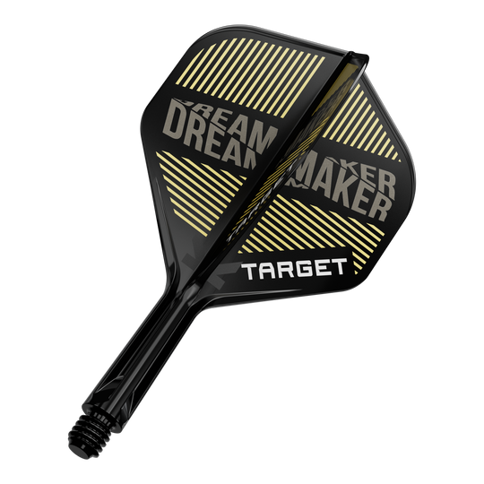 Target K-Flex Dimitri Van Den Bergh No2 Standard Flight Shaft System Auf dem Bild ist ein schwarzer Dart-Flügel mit gelben Streifen und dem Schriftzug „DREAM MAKER“ zu sehen. Darauf steht außerdem das Wort „TARGET“ in weißen Buchstaben.