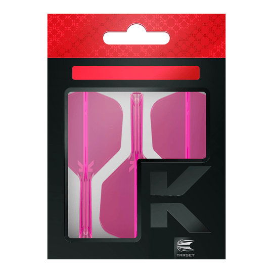 Target K-Flex No6 Flight System - Neon Pink Auf dem Bild ist eine Verpackung mit drei pinken Dartflights zu sehen. Die Verpackung ist schwarz mit einem roten oberen Rand und dem Markenlogo "Target" unten rechts.