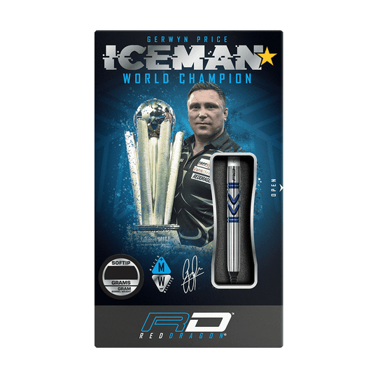 Auf dem Bild ist die Verpackung der "Red Dragon Gerwyn Price Avalanche Pro Softdarts - 20g" zu sehen. Auf der Verpackung sind außerdem ein Porträt von Gerwyn Price und eine große Trophäe abgebildet.