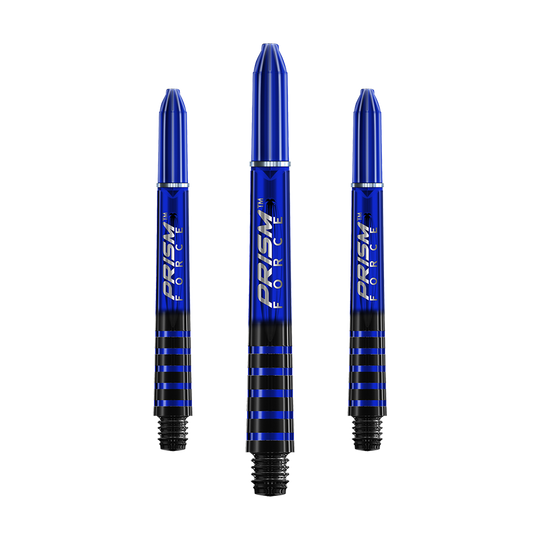 7020-403_Winmau_Prism_Force_Shafts_Blau_41mm_1 Das Bild zeigt drei blaue Winmau Prism Force Shafts für Dartpfeile. Die Shafts haben ein glänzendes Design mit schwarzen Streifen und weißer Aufschrift.