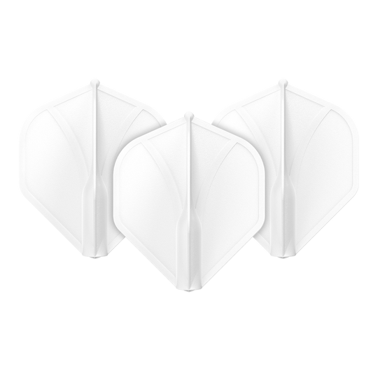 Shot Airfoil Molded No2 Standard Flights Das Bild zeigt drei weiße Dart-Flights in einer Reihe. Sie haben eine geformte, stabile Struktur und sind identisch.