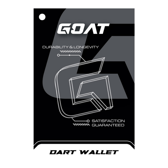 GOAT Locker XXL Dart Wallet Das Bild zeigt die Verpackung des Produkts "GOAT Locker S Dartwallet". Es hebt die Eigenschaften Langlebigkeit und Zufriedenheit hervor.