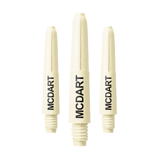 Auf dem Bild sind drei naturweiße Dartschäfte aus Nylon zu sehen. Auf jedem Schaft steht der Schriftzug "MCDART".