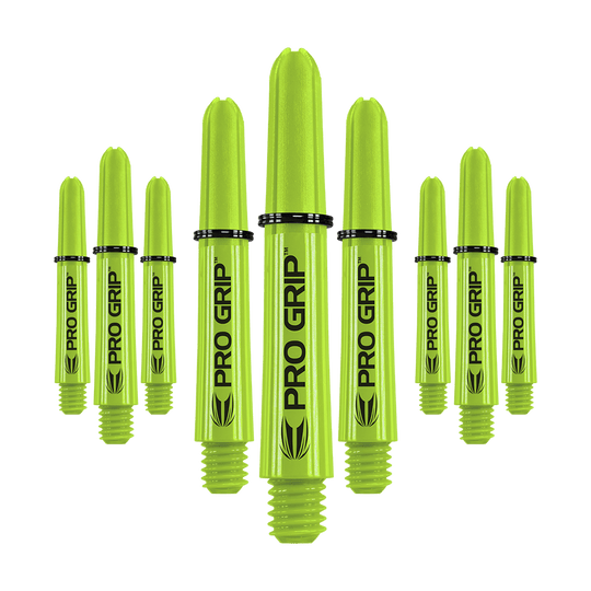 Target Pro Grip Shafts - 3 Sets - Lime Green Auf dem Bild sind mehrere limegrüne Pro Grip Dartschäfte zu sehen. Sie sind in drei Sets angeordnet und tragen die Aufschrift "PRO GRIP".