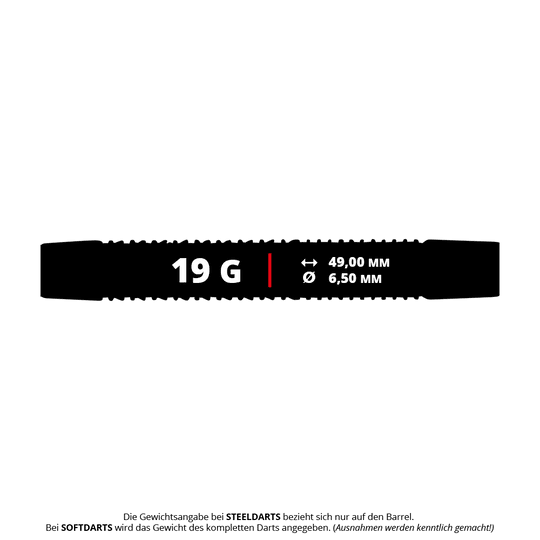 Das Bild zeigt die Maße und das Gewicht des Produkts "Unicorn Core XL Striker Style 1 Softdarts - 19g". Der Dart wiegt 19 Gramm, ist 49,00 mm lang und hat einen Durchmesser von 6,50 mm.