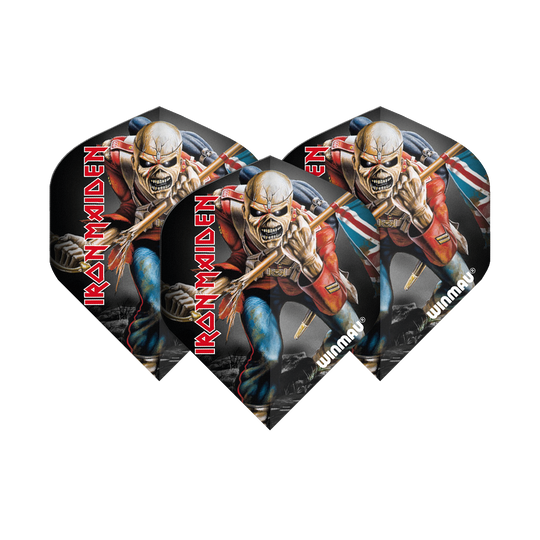 Auf dem Bild sind drei Dart-Flights zu sehen, die das Motiv von Eddie, dem Maskottchen der Band Iron Maiden, zeigen. Die Flights tragen die Aufschrift "IRON MAIDEN" und das Logo von Winmau.